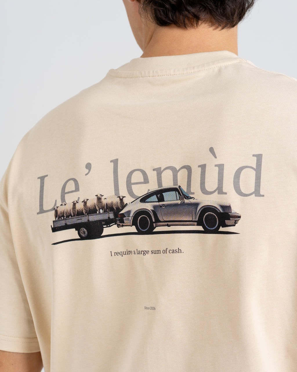 Close-up of Lelemud Economist tee back print featuring vintage car graphic with 'I require a large sum of cash' text on cream fabric