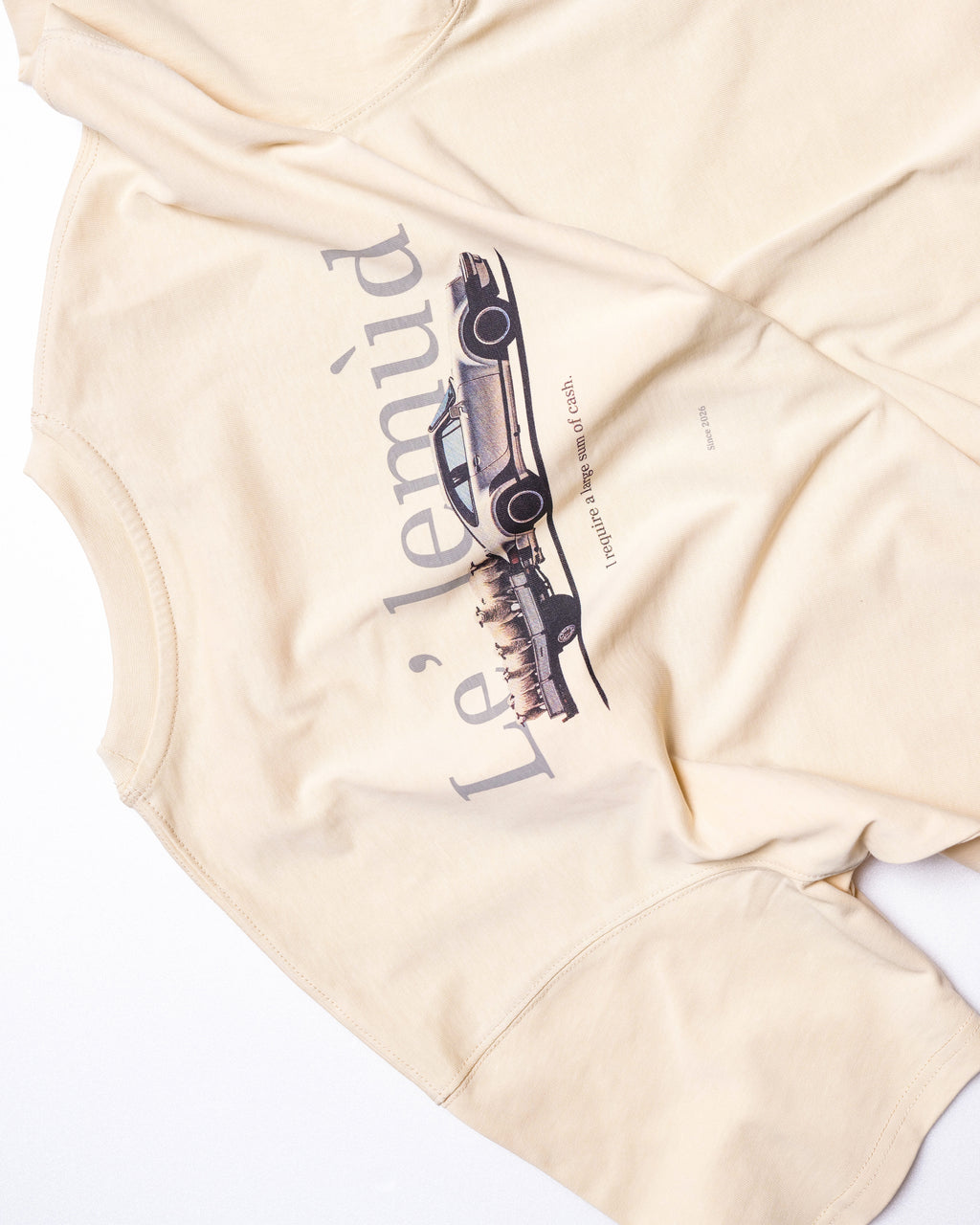 Detail shot of Lelemud back graphic print featuring vintage car design on cream cotton tee